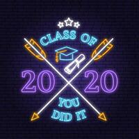 Vector Class of 2020 neon bright signboard, light banner. Vector. Neon typography design with graduation cap, text Class of. Template for the graduation party poster, flyer, lighting banner