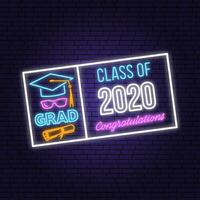 Class of 202 neon bright signboard, light banner. Vector. Template for the graduation party poster, flyer, lighting banner Graduation design with hut and text Class of. vector