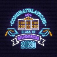 Class of 202 neon bright signboard, light banner. Vector. Neon typography design with graduation cap, diploma, school. Template for the graduation party poster, flyer, lighting banner vector