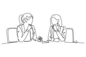 Continuous one line drawing two young happy beautiful business woman discussing project contract together during meeting. Business success concept. Single line draw design vector graphic illustration