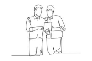 Single continuous line drawing of young employee talking to his colleague discussing new company project during meeting. Office talk concept. Dynamic one line draw graphic design vector illustration