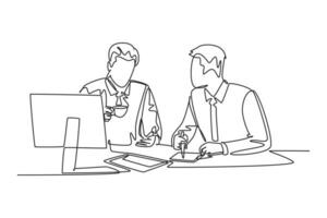 Single one line drawing two young men sitting over a cup of coffee and talking about work plans in the office. Success lifestyle concept. Modern continuous line draw design graphic vector illustration