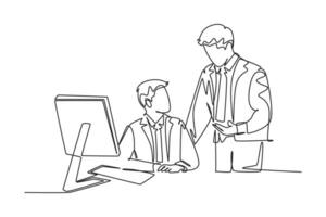 Continuous one line drawing of young manager take a talk to teach new employee about finishing the job during working at office. Work tutor concept. Single line draw design vector graphic illustration