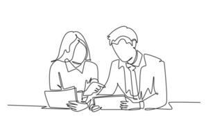 Single one line drawing two young male and female worker holding a paper and discussing about work together at office. Job discussion concept. Continuous line draw design graphic vector illustration