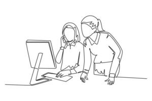 Continuous one line drawing of two young female workers learning work skill by watching video tutorial on screen together. Video conference concept. Single line draw design vector graphic illustration