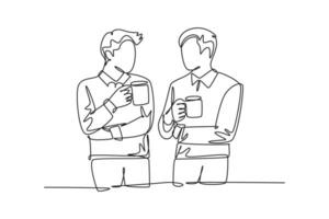 Single one line drawing two young successful male workers have a casual chat over drink coffee during office break. Rest break at work concept. Continuous line draw design graphic vector illustration