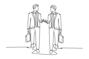 Single one line drawing two young company business men take walk and talk together after company meeting. Business conversation concept. Modern continuous line draw design graphic vector illustration