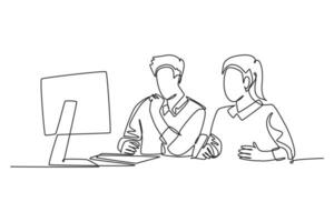 Single one line drawing two young serious male and female worker watching sales chart on computer screen. Sales growth business concept. Modern continuous line draw design graphic vector illustration