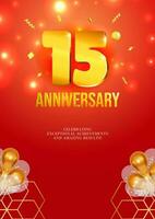 Anniversary celebration flyer red background golden numbers 15 vector