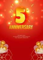 Anniversary celebration flyer red background golden numbers 5 vector