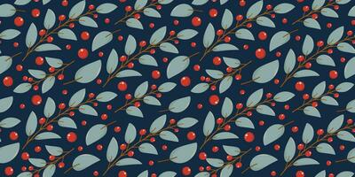 Winter rectangular seamless pattern on blue background with hand drawn christmas berries and leaves in flat vector style. Holiday seasonal floral decoration. For textile, background, wrapper