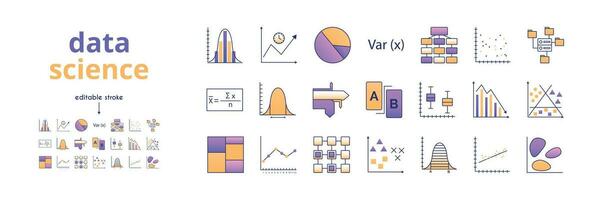 A set of data analytics icons. Linear regression, distribution density, heat map, testing, time series, correlation coefficient, classification, regression analysis, linked data, clustering, trends. vector