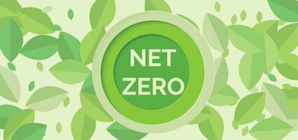 Net zero and carbon neutral concept. Banner with green leaves and a circle in the center. Net zero greenhouse gas emissions target. Vector illustration.