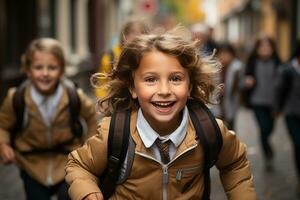 AI generated Children Running To School photo