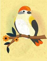 Perching bird standing on a tree branch with orange background. Watercolor painting on classical decor. vector