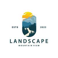 paisaje logo naturaleza aventuras diseño montaña y río lujo vector ilustración