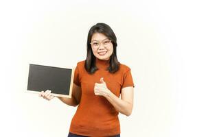 Showing, Presenting and holding Blank Blackboard Of Beautiful Asian Woman Isolated On White Background photo