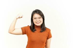 Showing Strength Arms Of Beautiful Asian Woman Isolated On White Background photo