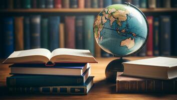 AI generated Globe and Books on Wooden Table with Library Background photo