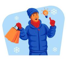 Man in a winter jacket with winter hat and scarf holding shopping bags and light blub vector