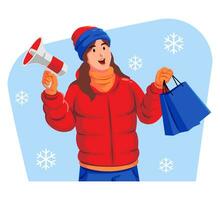 Woman in a winter jacket with winter hat and scarf holding shopping bags and megaphone vector