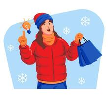 Woman in a winter jacket with winter hat and scarf holding shopping bags and light blub vector