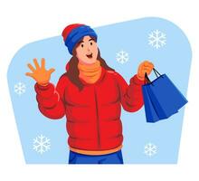 Woman in a winter jacket with winter hat and scarf holding shopping bags vector