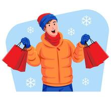 Winter sale and a man in warm clothes with shopping bags vector
