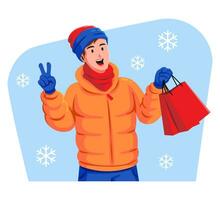 Winter sale and a man in warm clothes with shopping bags vector