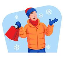 Winter sale and a man in warm clothes with shopping bags vector