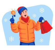 A man in a warm jacket and a red hat is holding a shopping bag and a light bulb vector