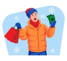 Happy young man in winter clothes holding money and shopping bags vector