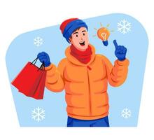 A man in a warm jacket and a red hat is holding a shopping bag and a light bulb vector