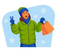 Woman in a winter jacket with winter hat and scarf holding shopping bags vector