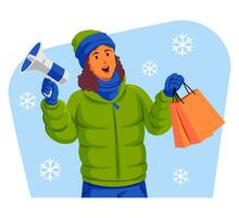 Woman in a winter jacket with winter hat and scarf holding shopping bags and megaphone vector