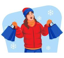 Woman in a winter jacket with winter hat and scarf holding shopping bags vector