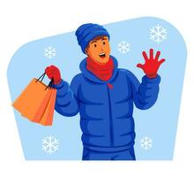 Man in a winter jacket with winter hat and scarf holding shopping bags vector