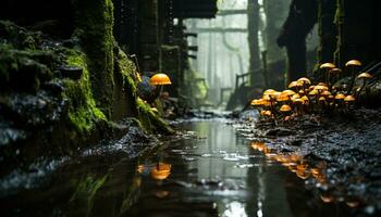 AI generated Men hiking in the wet forest, surrounded by green foliage generated by AI photo