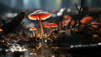 AI generated Close up of a wet, slimy toadstool on a forest branch generated by AI photo