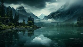 AI generated Mountain range reflects in tranquil water, creating a majestic landscape generated by AI photo