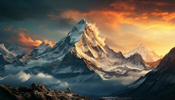 ai generado majestuoso montaña cima, nieve tapado, puesta de sol pinturas tranquilo paisaje generado por ai foto