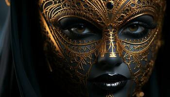 AI generated A mysterious woman in a golden mask exudes elegance and sensuality generated by AI photo