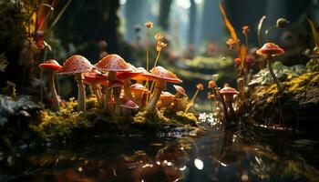 AI generated Autumn forest outdoors, close up of fungus season plant growth generated by AI photo