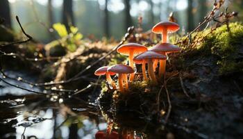 AI generated A slimy toadstool grows on a wet forest branch in autumn generated by AI photo