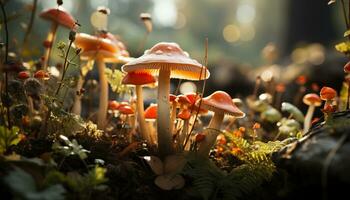 AI generated Freshness of autumn growth in uncultivated forest, close up of toadstool generated by AI photo