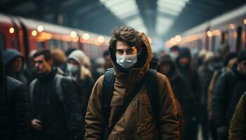 ai generado joven adultos caminando en un concurrido subterraneo estación a noche generado por ai foto