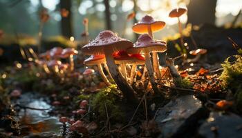 AI generated Close up of a fresh, orange fly agaric mushroom in autumn forest generated by AI photo