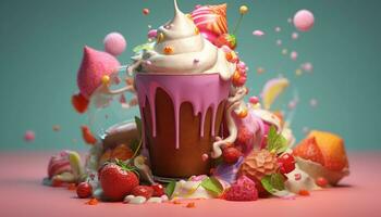 AI generated Gourmet chocolate cupcake with strawberry cream and colorful decorations generated by AI photo