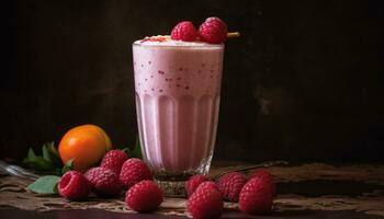 AI generated Fresh raspberry yogurt milkshake, a healthy and refreshing summer dessert generated by AI photo