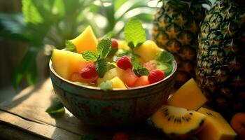 ai generado frescura y dulzura en un tropical Fruta ensalada generado por ai foto